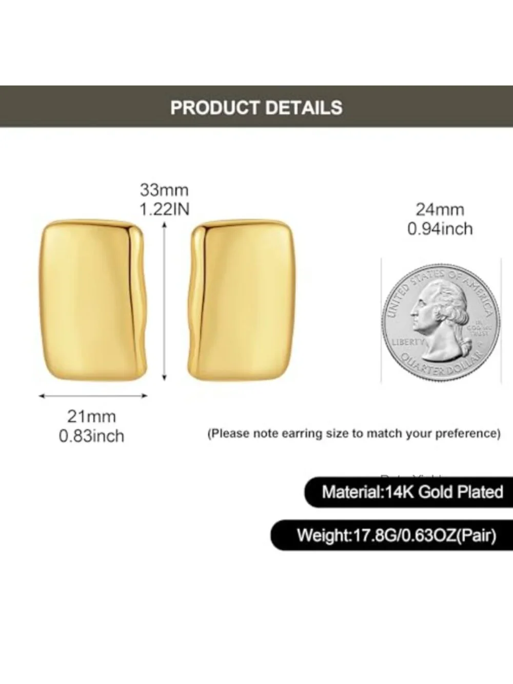 Chunky 14k Gold Plated Statement Drop Stud Earrings Geometric Large for Women